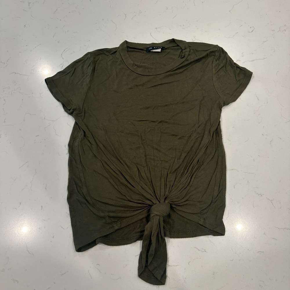 In Style Womens Size Small Green Tie Front Short Sleeve Pullover Shirt Top